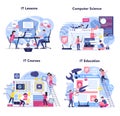 IT education set. Student write software and create code for computer. Royalty Free Stock Photo
