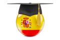 Education in Spain concept. Spanish flag with graduation cap, 3D rendering