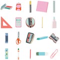 Education supplies pastel color icons. Paints, crayons, pencils on white background