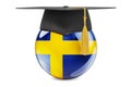 Education in Sweden concept. Swedish flag with graduation cap, 3D rendering