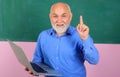 Education. Teacher with laptop in classroom pointing with finger up. Professor giving lesson to students. Royalty Free Stock Photo