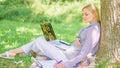Education technology and internet concept. Girl work with laptop in park sit on grass. Natural environment office. Work Royalty Free Stock Photo