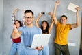 Education, technology and people concept. Happy group of friends using digital devices Royalty Free Stock Photo