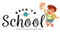 Back to school horizontal banner, Education template with happy cartoon boy with excellent mark Royalty Free Stock Photo