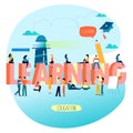 Education, training courses, distance education flat vector illustration. Word learning with group of people. Internet studying, e