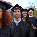 Education, university and students in row for graduation dreaming and thinking of future. Smile, waiting and group of Royalty Free Stock Photo