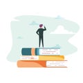 Education vector concept. Businessman or student standing on book looking at future. Symbol of career, job