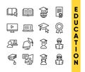 Education vector icons set for online resources, distant online courses, colleges, academies universities and schools.