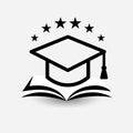 Education vector logo. Open book, dictionary, textbook or notebook with graduation hat icon. Modern emblem idea, concept