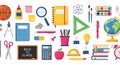 Several school supplies like books and globe are scattered across the backdrop showing education Royalty Free Stock Photo