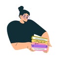 Education with Woman Character Carry Pile of Books Learning and Study Vector Illustration