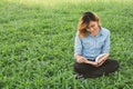 Education woman.Young beautiful woman reading a book in the park