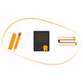 Education workplace items, orange and black school objects supplies. Vector flat illustration workspace accessories on white Royalty Free Stock Photo