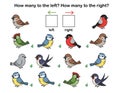 Education worksheet counting birds with left and right sorting game Royalty Free Stock Photo