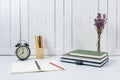 education workspace background concepts with White wooden vintage wall. back to school concepts Royalty Free Stock Photo