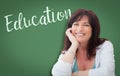 Education Written On Green Chalkboard Behind Smiling Woman