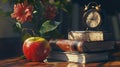 Still Life Photography Books Apple Clock Flowers Vintage Aesthetic red gold time warm cozy green Royalty Free Stock Photo