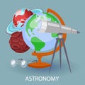 Educational astronomy banner with earth globe, telescope, googles and planets. Design for posters in education astronomy