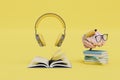 educational audiobooks. headphones, brain and books on a yellow background. 3D render