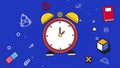 Educational Back to School animated blue background with science and educational elements. 3D animation with alarm clock