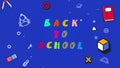 Educational Back to School animated blue background with science and educational elements. 3D animation with alarm clock