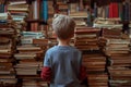 Educational Back view kid pile books. Generate Ai Royalty Free Stock Photo