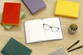 Opened book close up with glasses and cactus Royalty Free Stock Photo