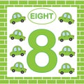 Educational card number 8 eight with cars. Learning numbers, mathematics