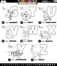 Educational cartoon alphabet set from S to Z color book page