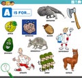 Letter a words educational set for children with cartoon characters