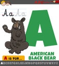 Letter A from alphabet with cartoon American black bear