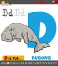 Letter D from alphabet with cartoon dugong animal character
