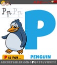 Letter P from alphabet with cartoon penguin animal character Royalty Free Stock Photo