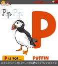 Letter P worksheet with cartoon puffin bird