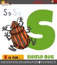Letter S worksheet with cartoon shield bug insect animal character