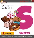 Letter S worksheet with cartoon sweets food objects