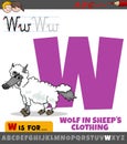 letter W from alphabet with cartoon wolf in sheep clothing Royalty Free Stock Photo