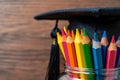 Educational celebration Graduation hat with colorful pencils, symbolizing learning