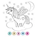 Educational children game. Color the picture by number. Coloring book. A cute unicorn flies on a cloud among the stars. Vector