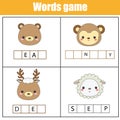 Educational children game. Complete the words kids activity. Animals theme. Learning vocabulary Royalty Free Stock Photo