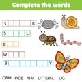 Educational children game. Complete the words kids activity. Insects theme. Learning vocabulary