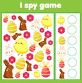 Educational children game. I spy sheet for toddlers. Find and count Easter activty for kids Royalty Free Stock Photo