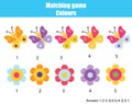 Educational children game. Match by color. Find pairs of butterflies and flowers