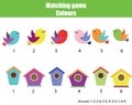 Educational children game. Match by color. Find pairs of birds and birdhouse