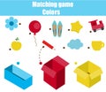 Educational children game. Matching game worksheet for kids. Match by color. Sorting objects for toddlers