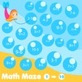 Educational children game. Mathematics maze. Labyrinth with equations from one to ten. Help mermaid count