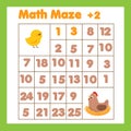 Educational children game. Mathematics maze. Labyrinth with numbers. Help chicken find mother