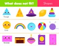 Educational children game. What does not fit type. learning geometric shapes in life. Worksheet for kids and toddlers Royalty Free Stock Photo