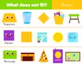 Educational children game. What does not fit type. learning geometric shapes in life. Worksheet for kids and toddlers Royalty Free Stock Photo