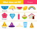 Educational children game. What does not fit type. learning geometric shapes in life. Worksheet for kids and toddlers Royalty Free Stock Photo